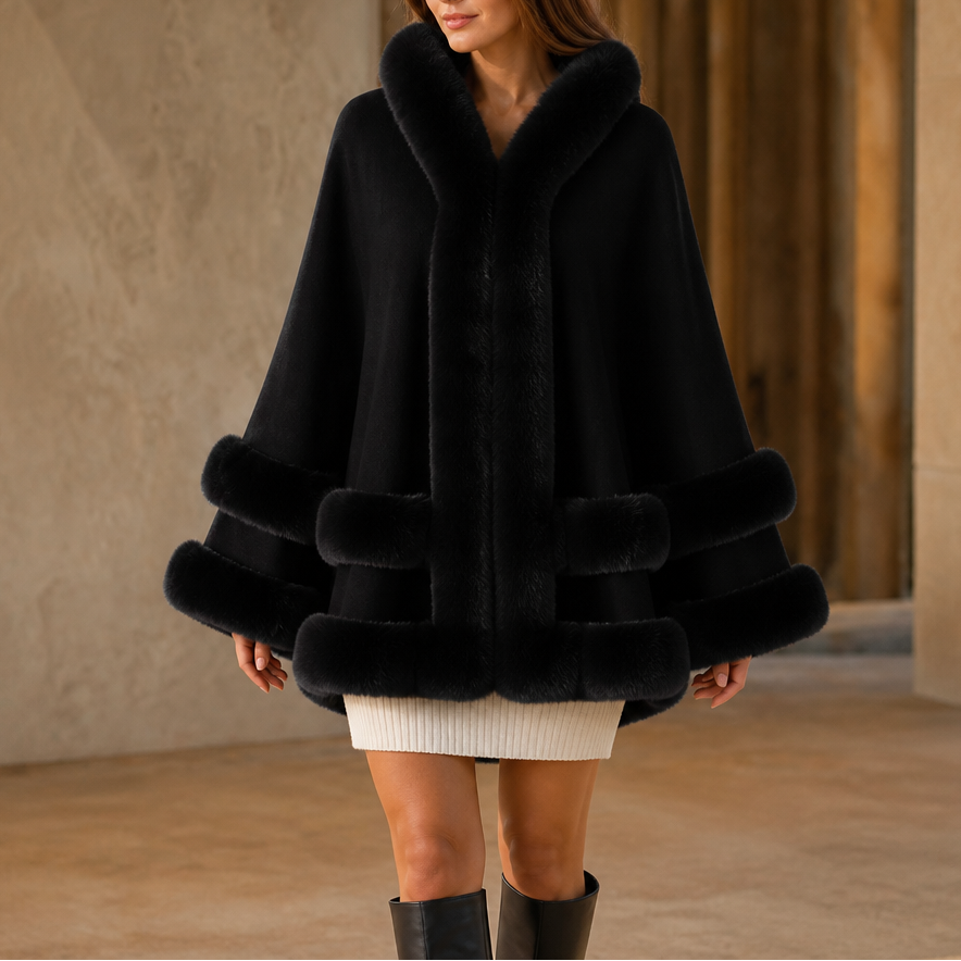 Trimmed Hooded Knit Cape Coat
