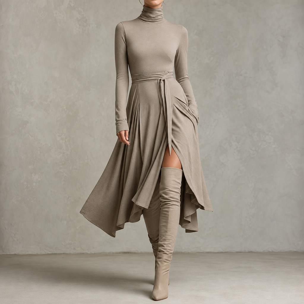 Taupe ribbed knit turtleneck midi dress with side slit and ruched waist bow.