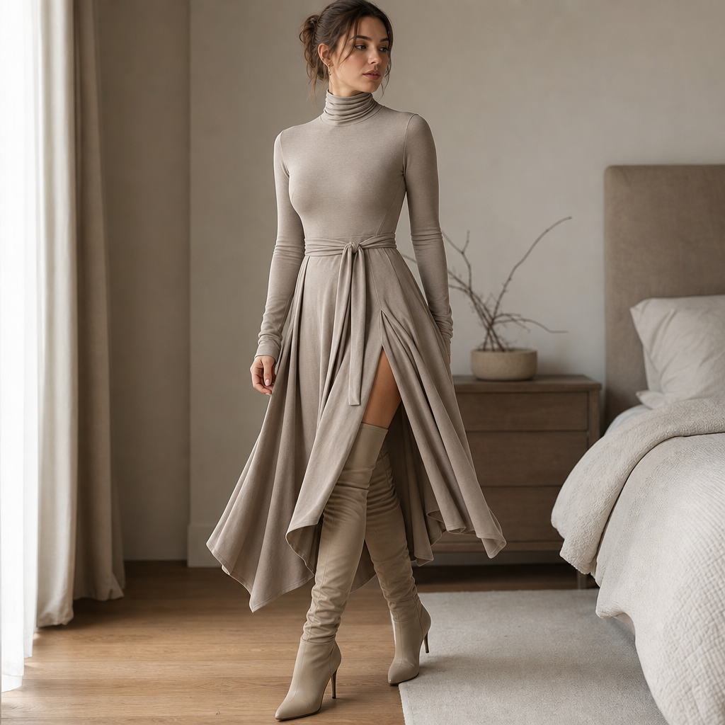 Taupe ribbed knit turtleneck midi dress with tie waist, long sleeves, side slit.