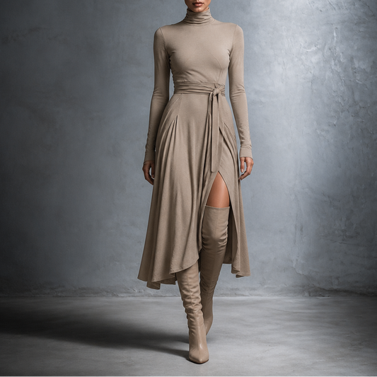 Taupe ribbed knit turtleneck midi dress with tie waist and side slit, long sleeves.