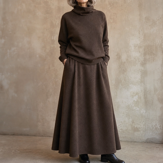 Coffee-brown turtleneck sweater and long maxi skirt set, relaxed pullover fit