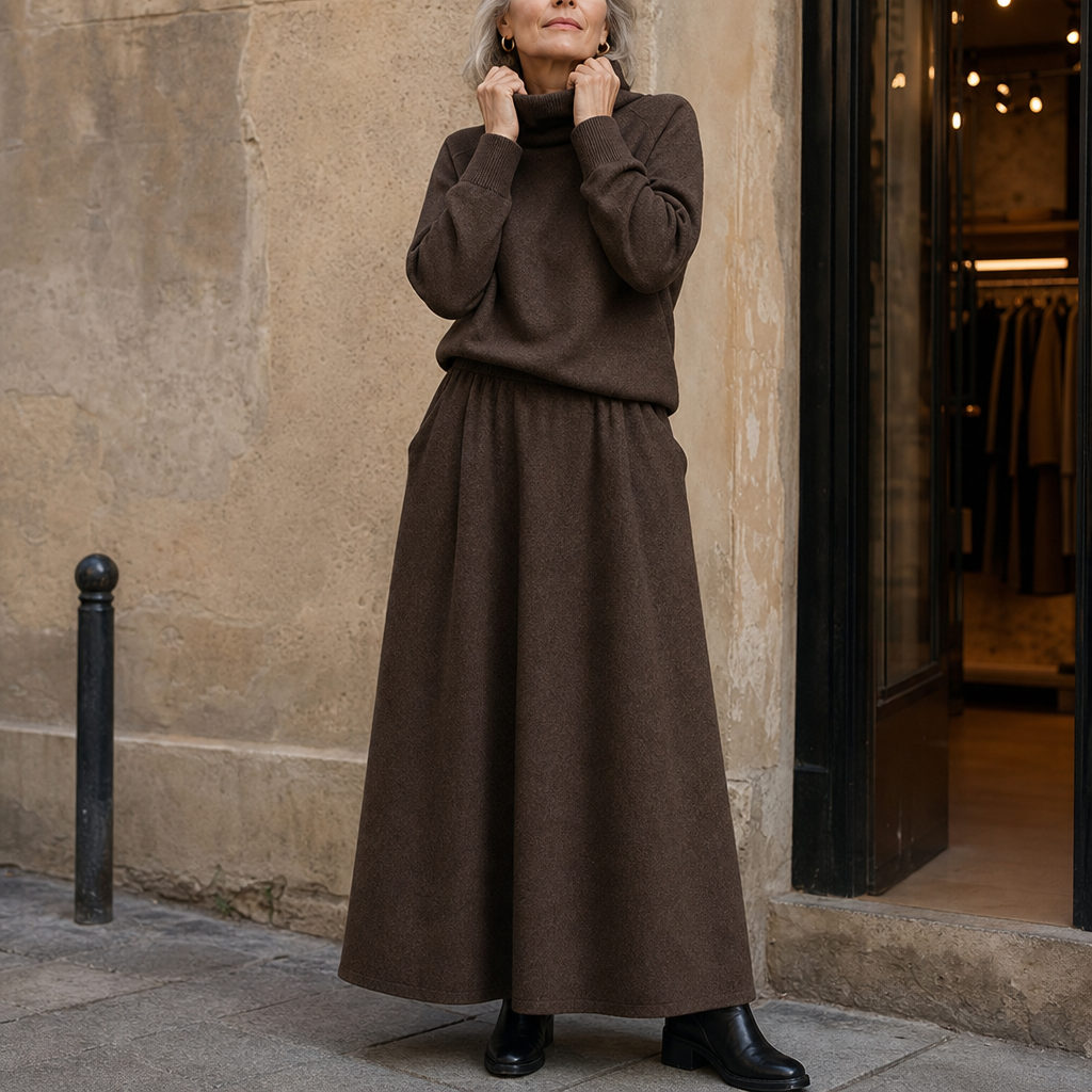 Dark brown turtleneck sweater paired with long maxi skirt, elastic waist, pullover style