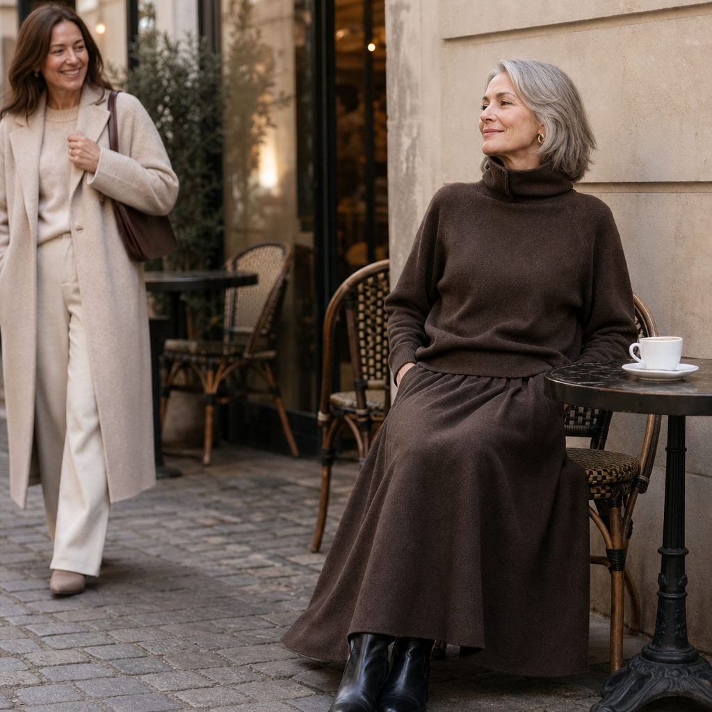 Brown turtleneck sweater with draped maxi skirt, side profile