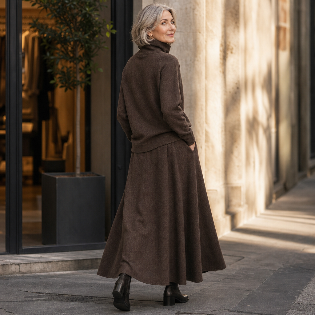 Brown turtleneck sweater and flared maxi skirt, back/side view