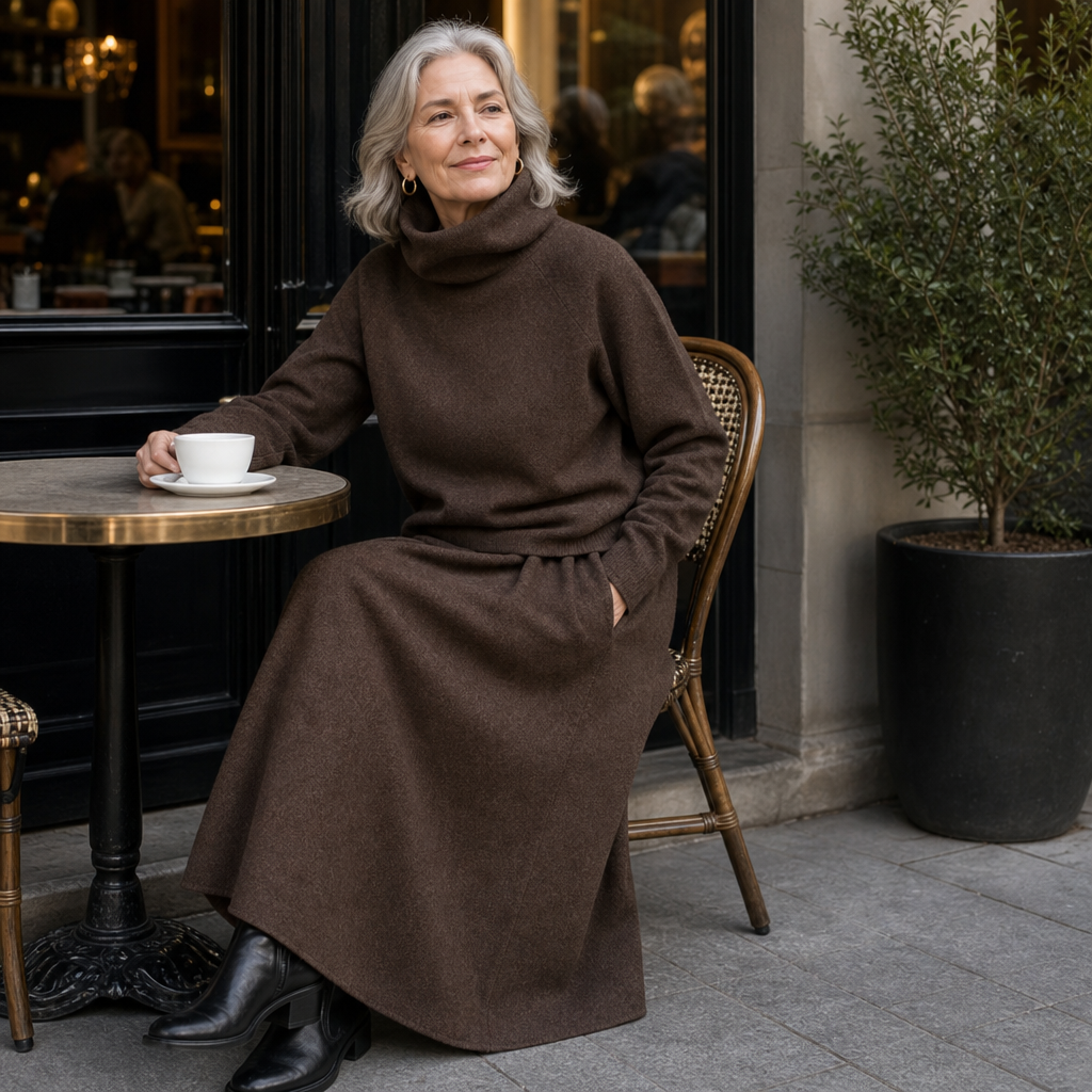 Brown turtleneck sweater with maxi skirt, draped fit and flared hem