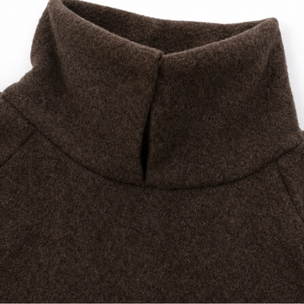 Brown turtleneck collar close-up with thick knit texture