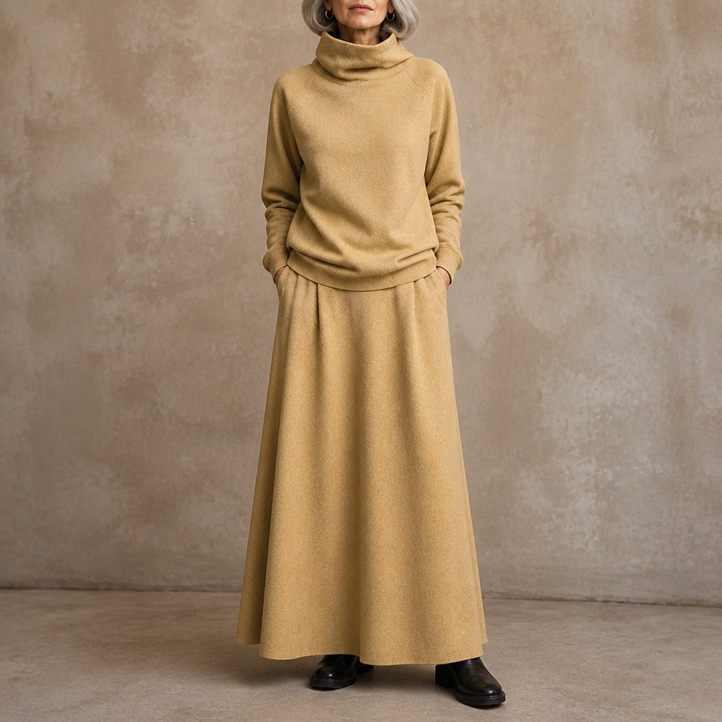 Camel turtleneck sweater and maxi skirt set with gathered waist