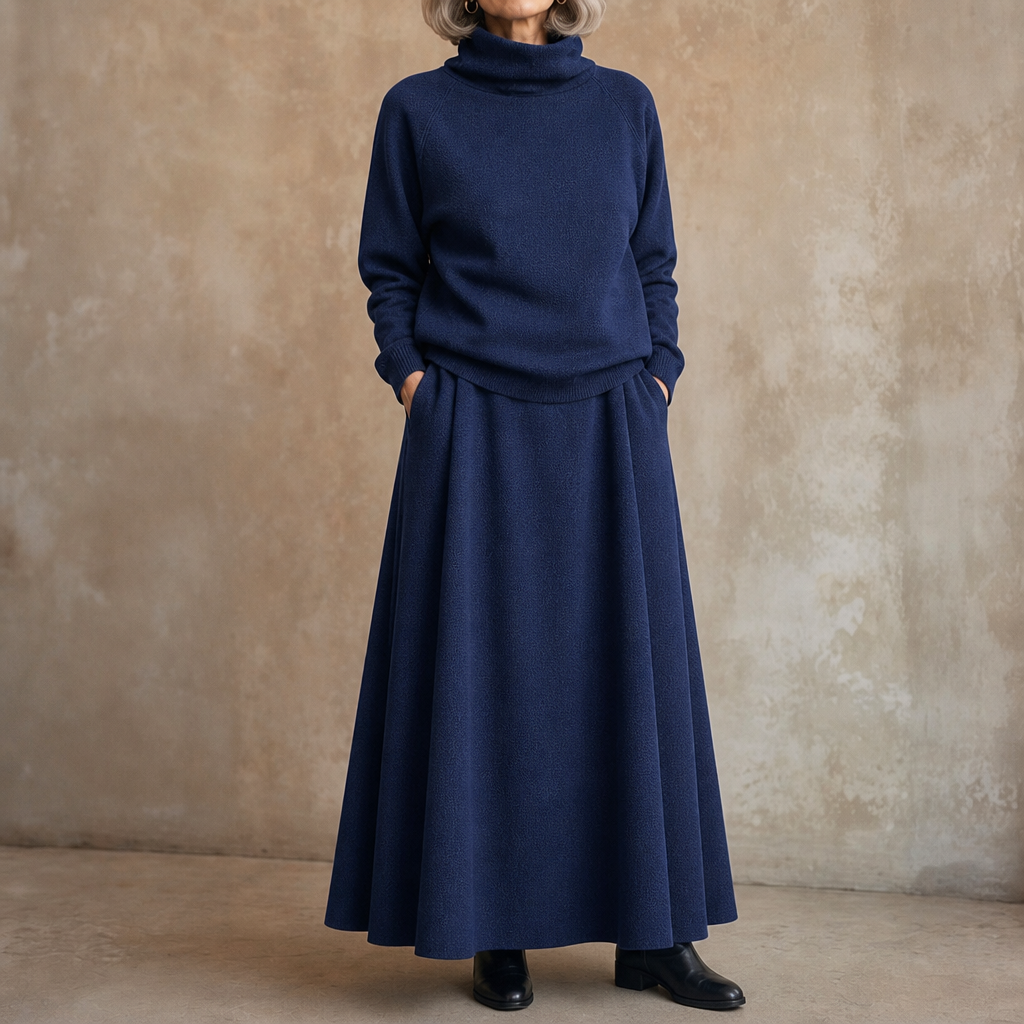 Blue turtleneck sweater and maxi skirt set with gathered waist