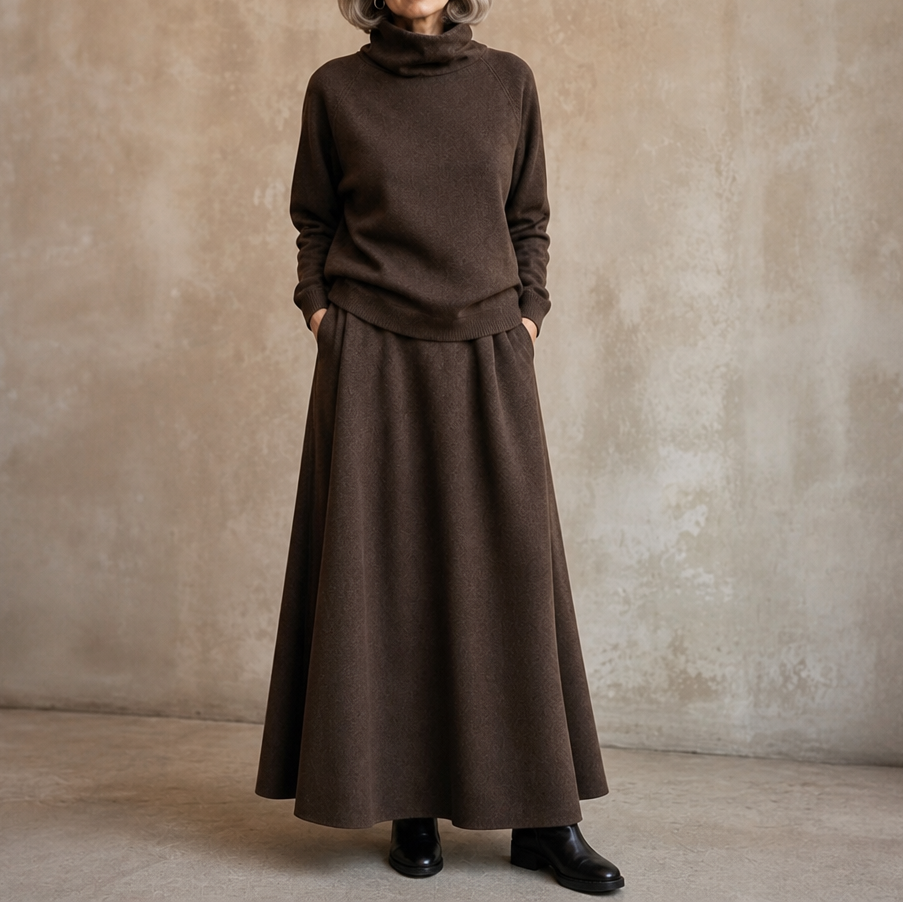 Coffee brown turtleneck sweater and maxi skirt set with gathered waist