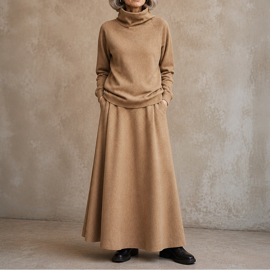 Khaki tan turtleneck sweater and maxi skirt set with gathered waist