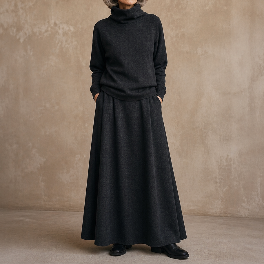 Dark charcoal turtleneck sweater and maxi skirt set with gathered waist