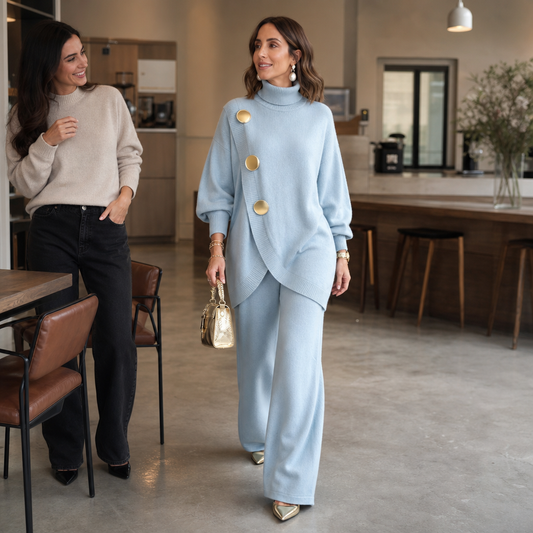 Light blue knit set with buttoned turtleneck sweater and flowing wide-leg pants