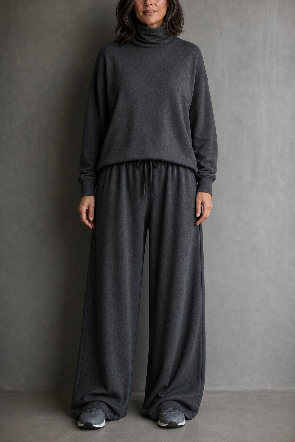 Charcoal gray turtleneck top and wide-leg pants set with drawstring waist