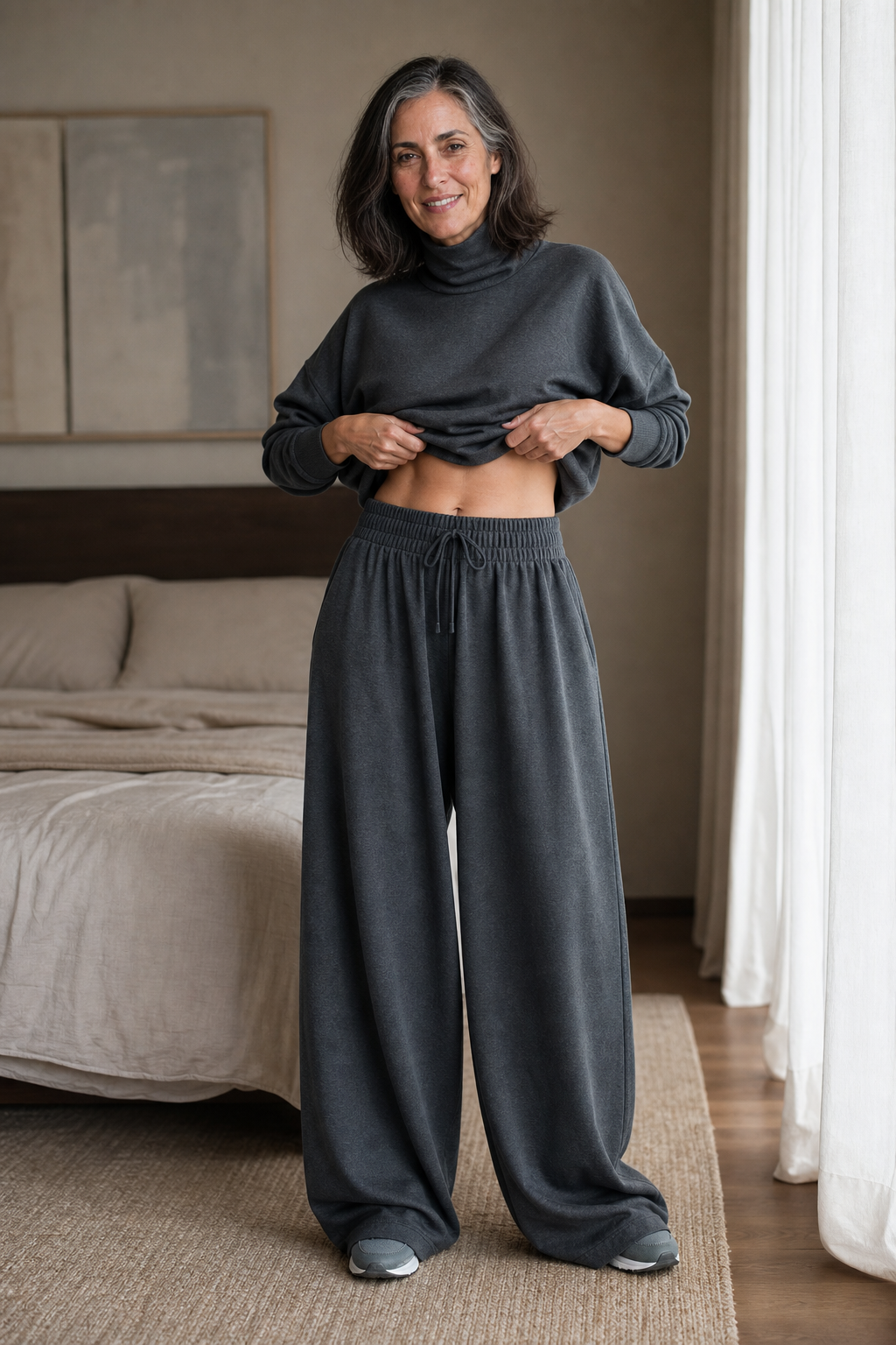Dark gray turtleneck top and wide-leg pants set with drawstring waist