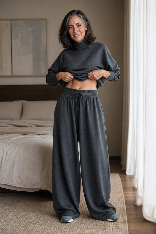 Dark gray turtleneck top and wide-leg pants set with drawstring waist