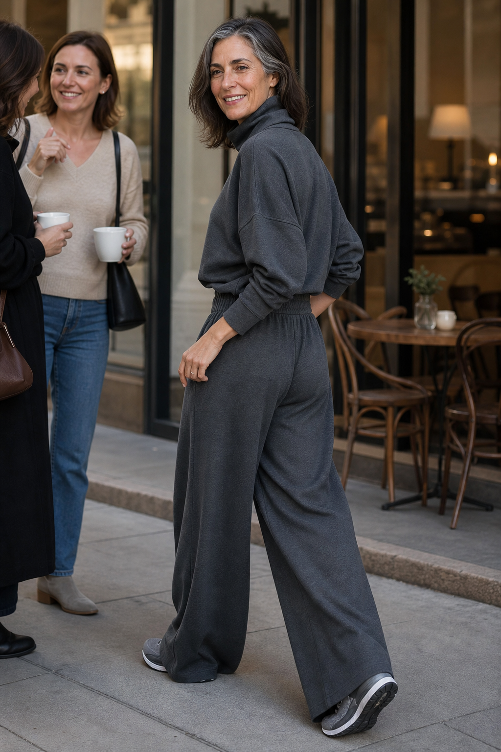 Dark gray turtleneck top and wide-leg pants set, side view, drawstring waist