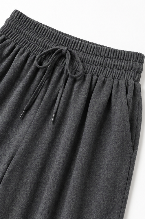 Dark grey wide-leg pants waistband with elastic and adjustable drawstring
