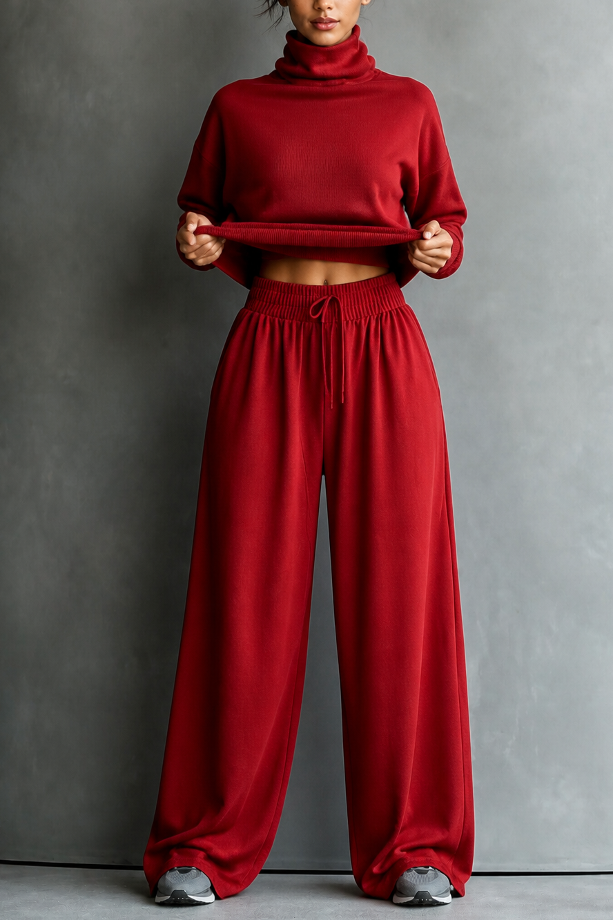 Red turtleneck top and wide-leg pants set with drawstring waist