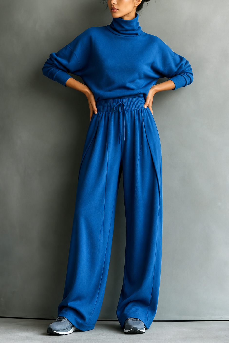 Blue turtleneck top and wide-leg pants set with drawstring waist
