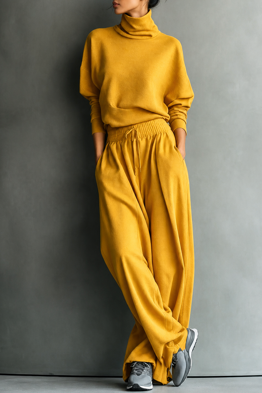 Yellow turtleneck top and wide-leg pants set with drawstring waist