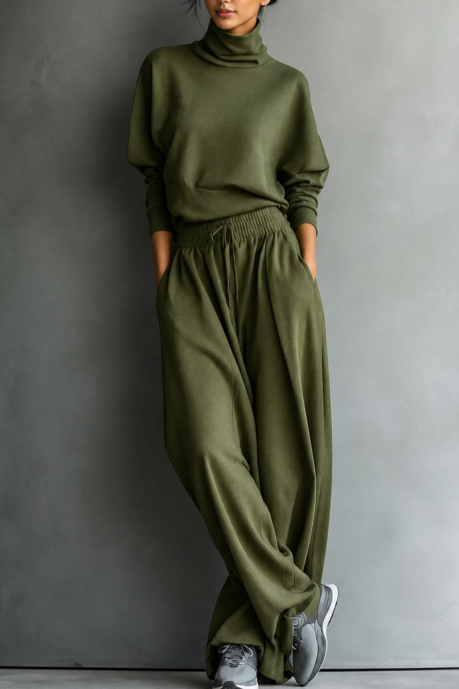 Olive green turtleneck top and wide-leg pants set with drawstring waist