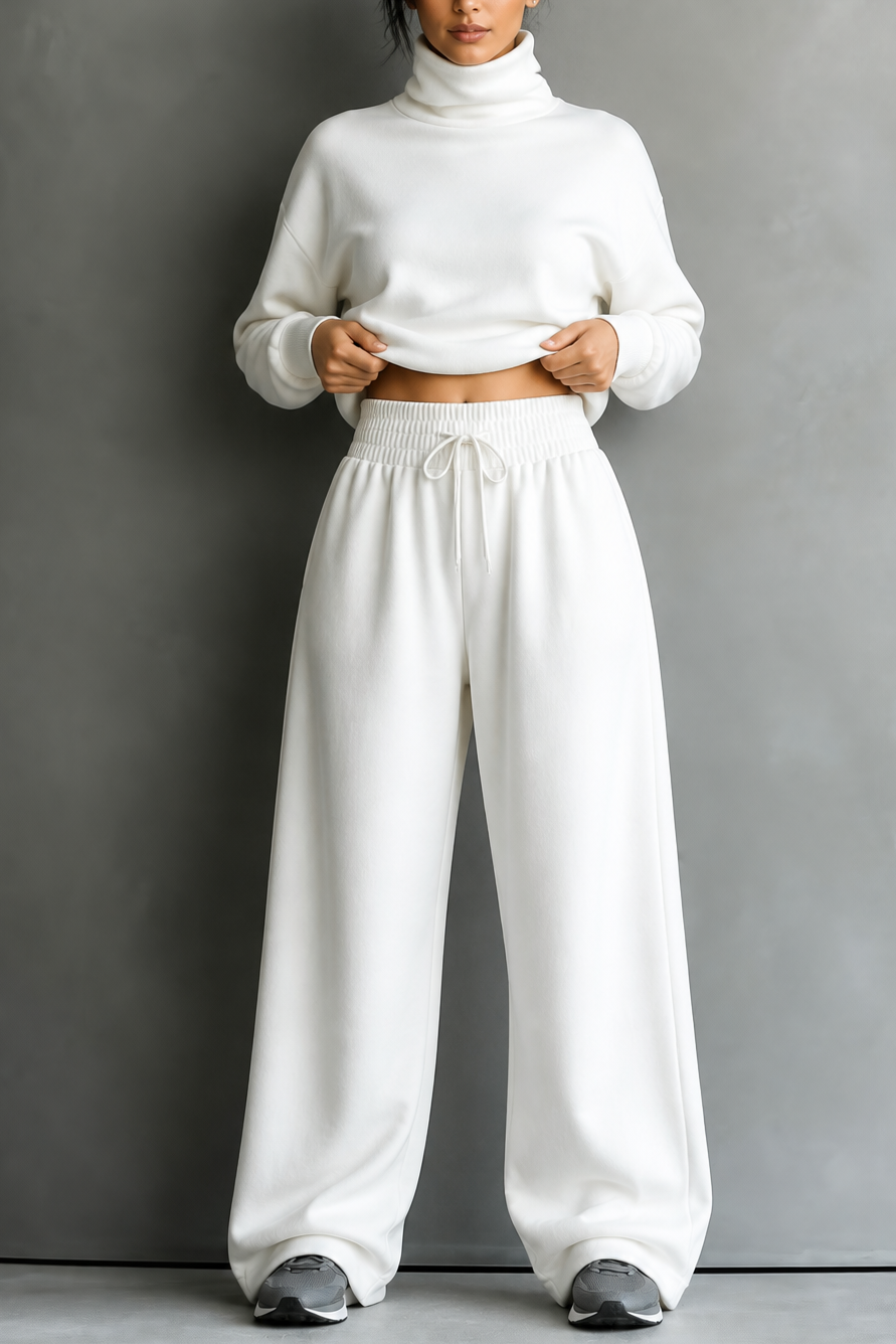 White turtleneck top and wide-leg pants set with drawstring waist