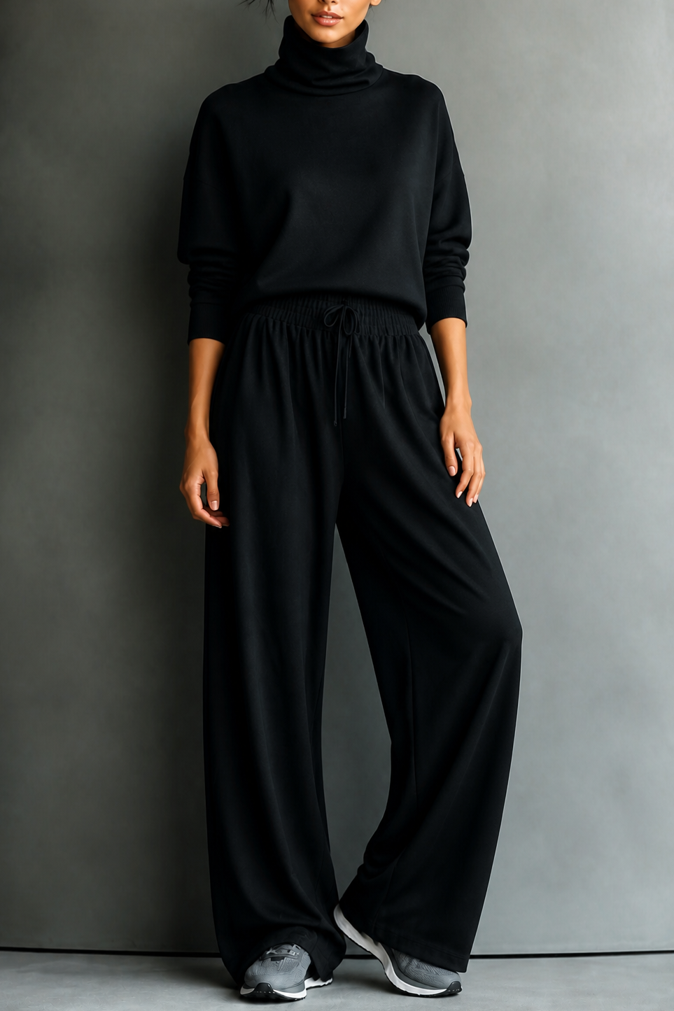 Black turtleneck top and wide-leg pants set with drawstring waist