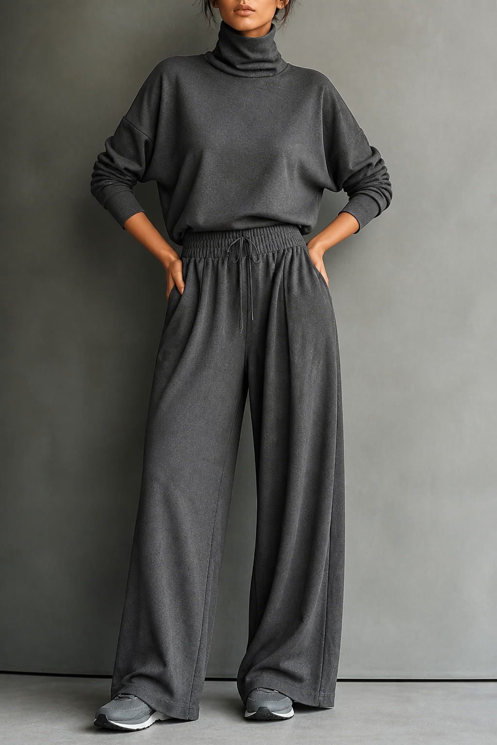 Dark gray turtleneck top and wide-leg pants set with drawstring waist