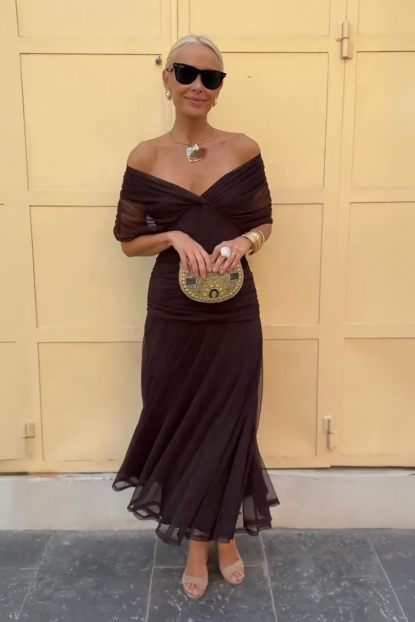 Dark brown off-shoulder twist maxi dress with gathered drape and sheer layered hem