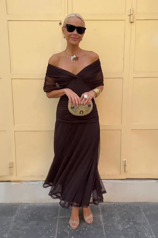 Dark brown off-shoulder twist maxi dress with gathered drape and sheer layered hem