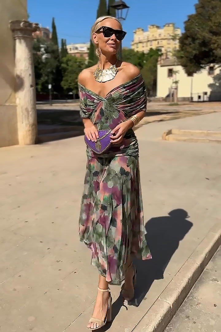 Multicolor twist off-shoulder maxi dress with ruched bodice and layered chiffon skirt