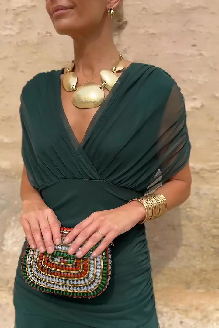 Green twist off-shoulder maxi dress with V-neck ruched bodice and gathered skirt