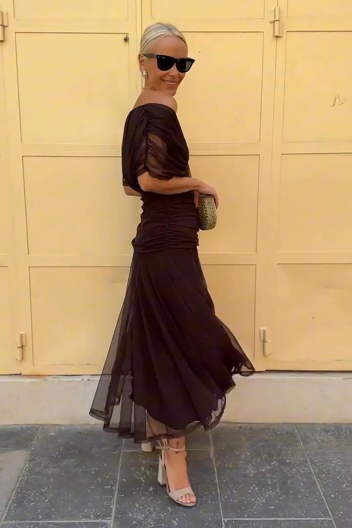 Dark brown twist off-shoulder maxi dress with side silhouette and layered tulle hem