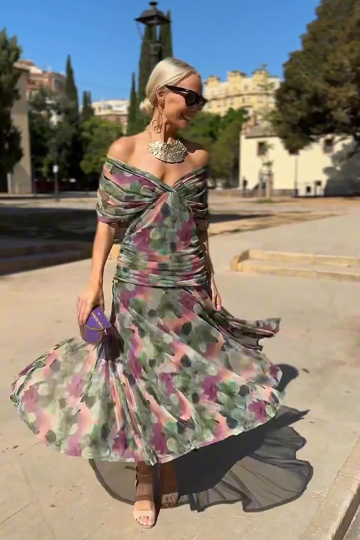 Multicolor twist off-shoulder maxi dress with ruched bodice and full pleated skirt