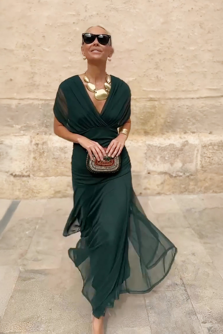 Green twist off-shoulder maxi dress with V-neck and draped skirt