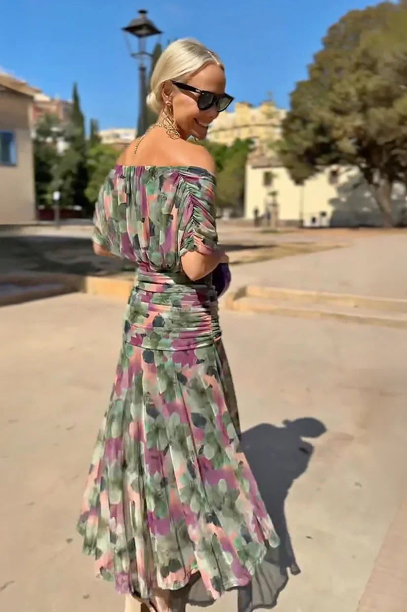 Multicolor off-shoulder maxi dress with ruffled bodice and gathered skirt