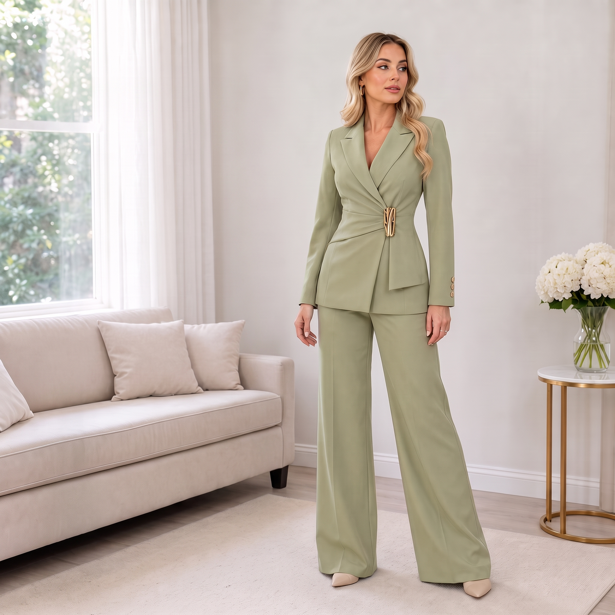 Sage green blazer and wide-leg trousers set with V-neck styling and waist buckle
