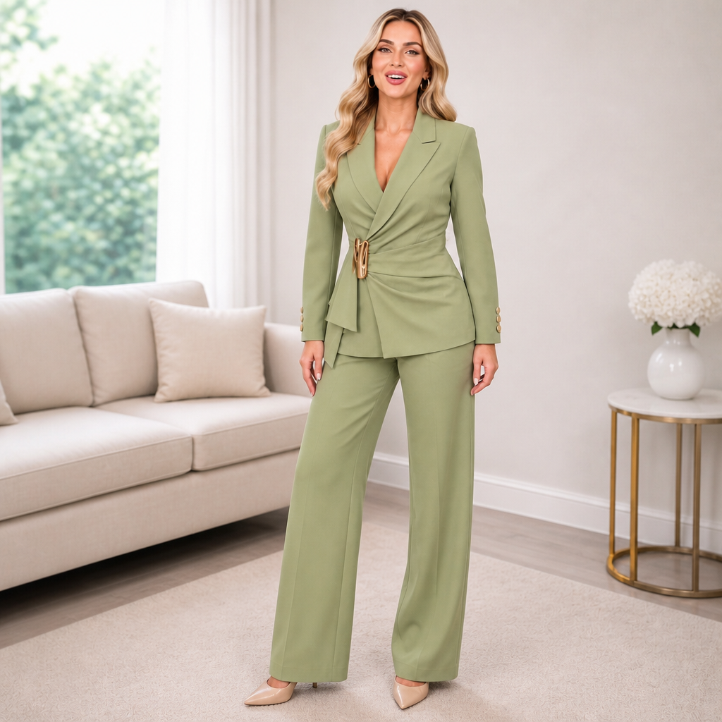 Sage green twisted buckle-waist blazer and wide-leg trouser set, V-neck, gold buckle
