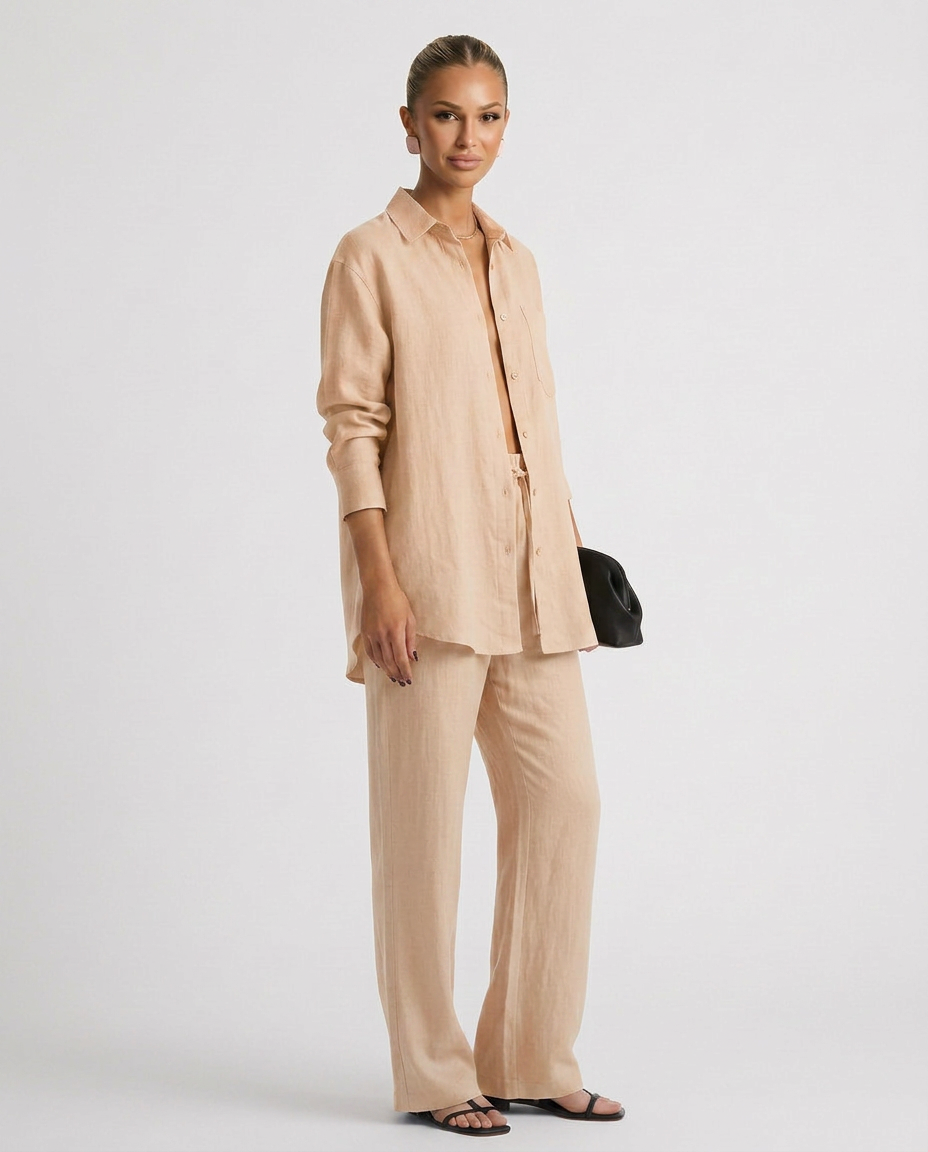 Beige relaxed button-up top and matching relaxed pants set