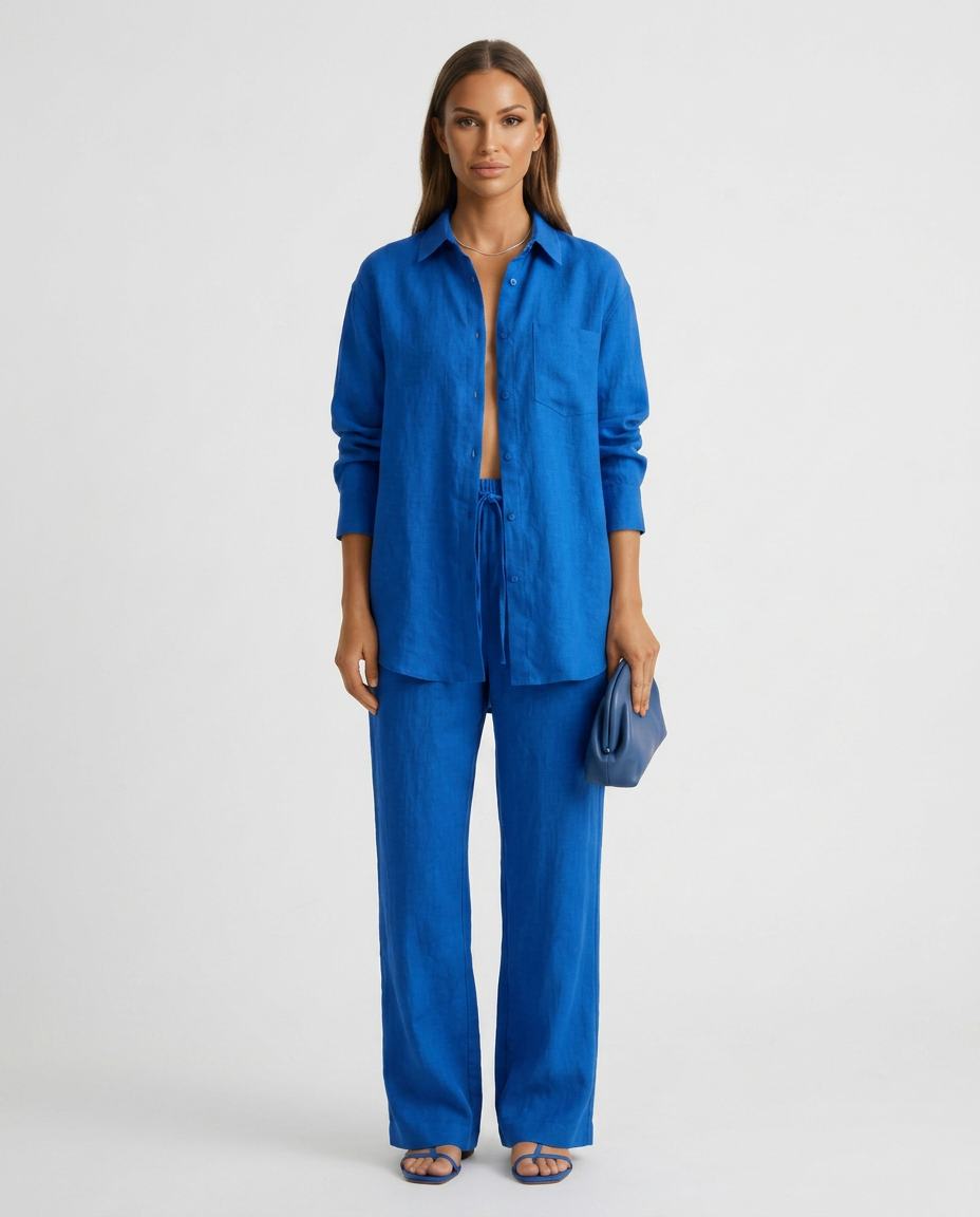 Blue relaxed button-up top and matching relaxed pants set