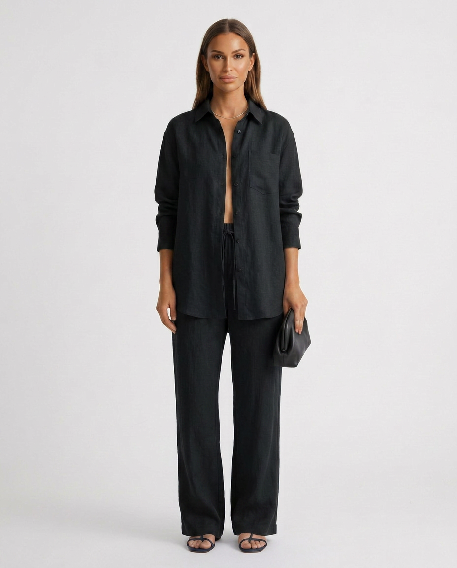 Black relaxed button-up top and matching relaxed pants set