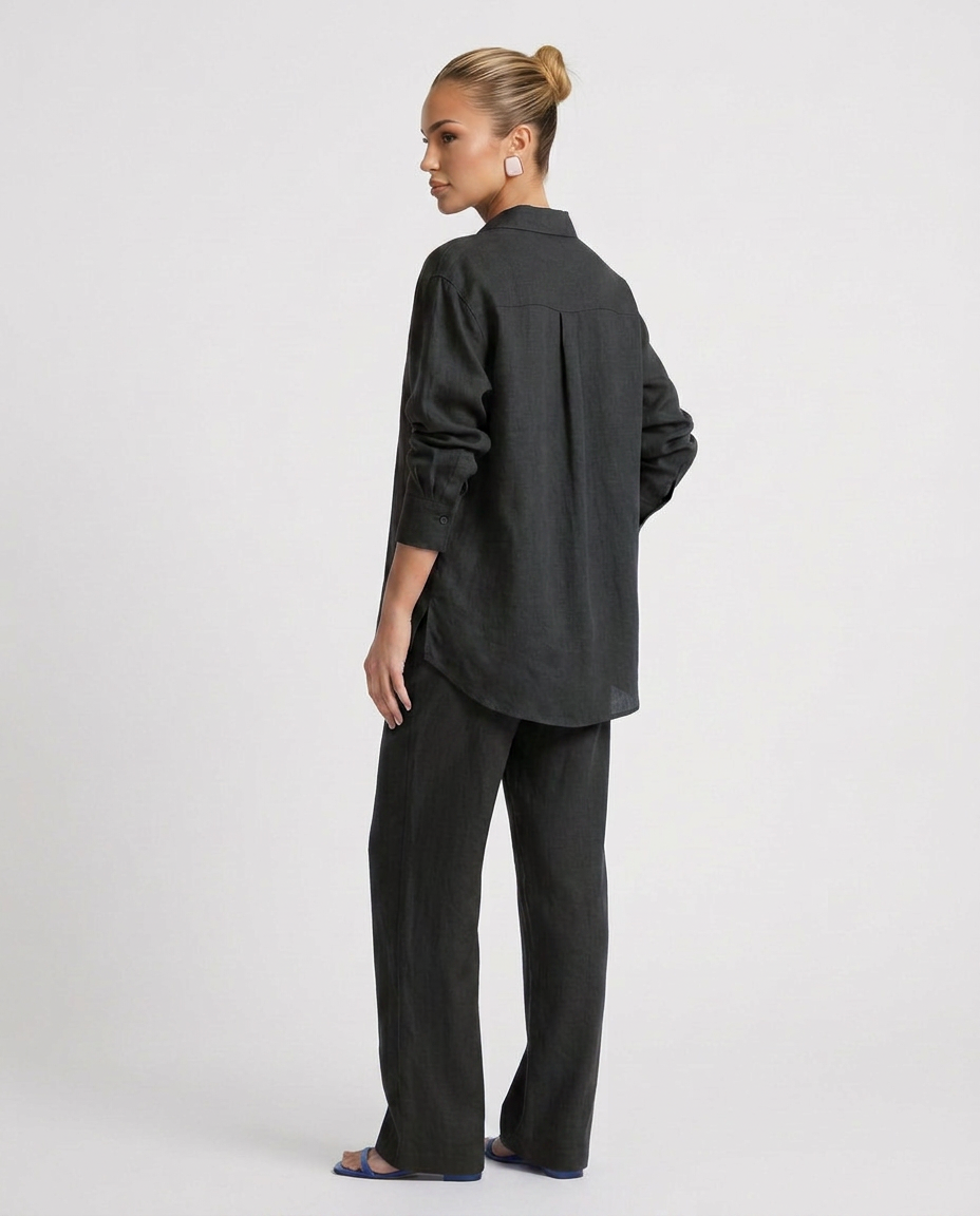 Black relaxed button-up top and matching relaxed pants set, back view