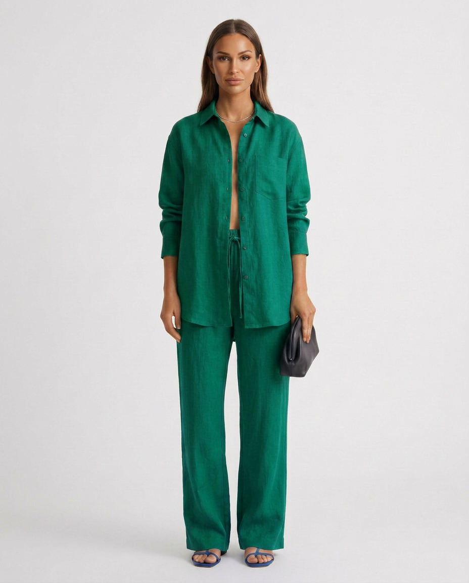 Green relaxed button-up top and matching relaxed pants set