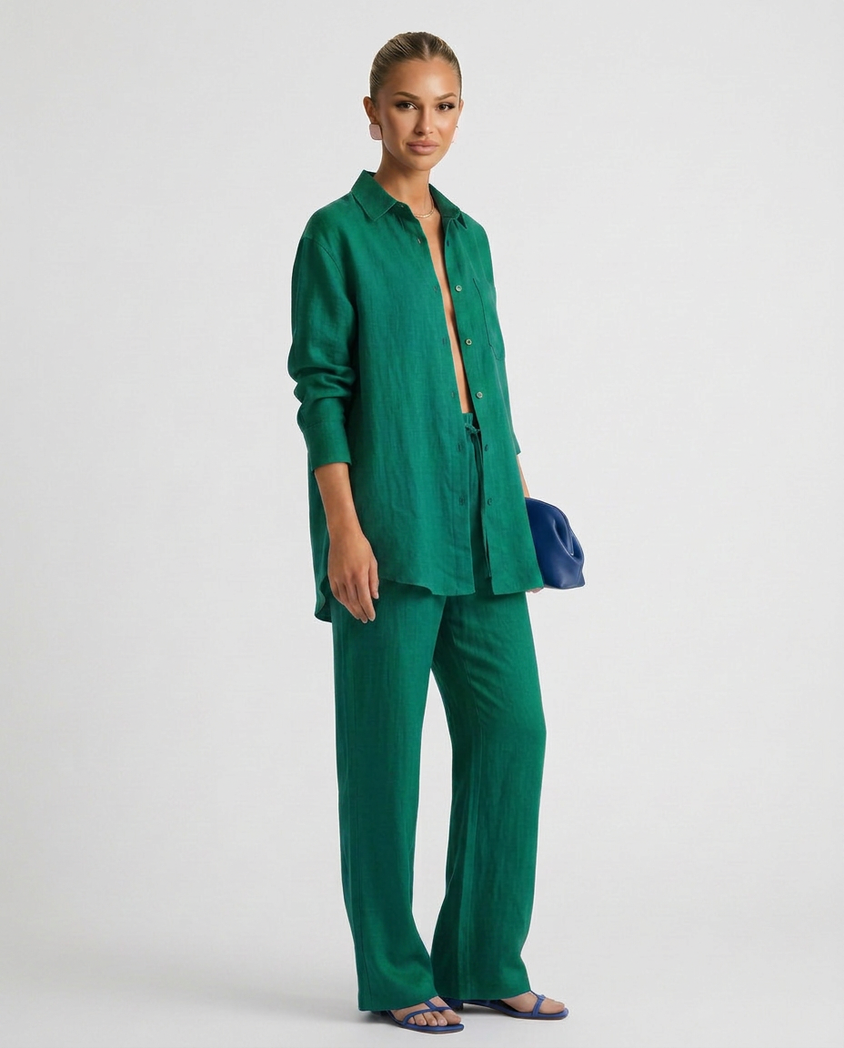 Green two-piece button-up set featuring long-sleeve button shirt and relaxed pants