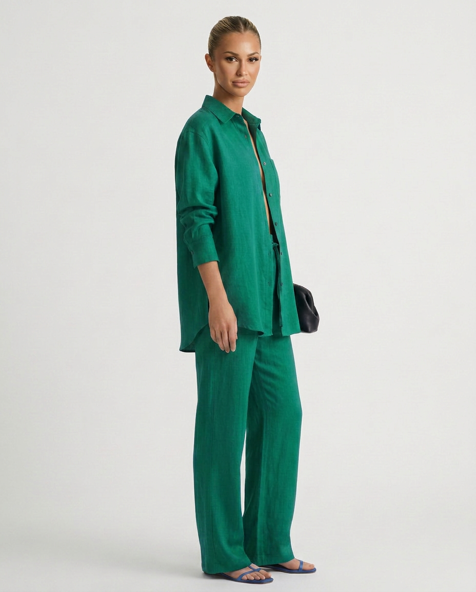 Green two-piece button-up set with long-sleeve shirt and straight relaxed pants
