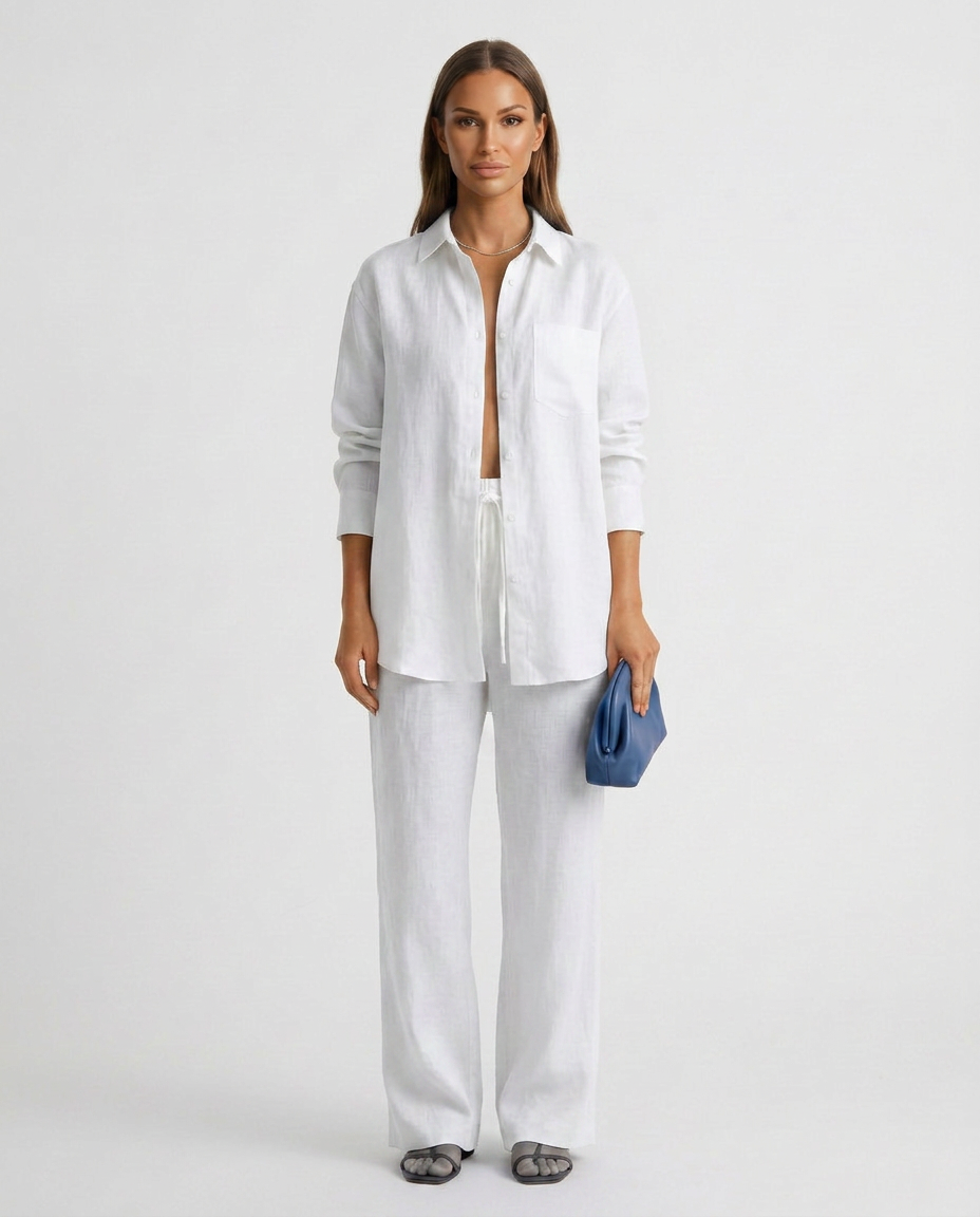 White two-piece button-up set with long-sleeve button shirt and relaxed matching pants