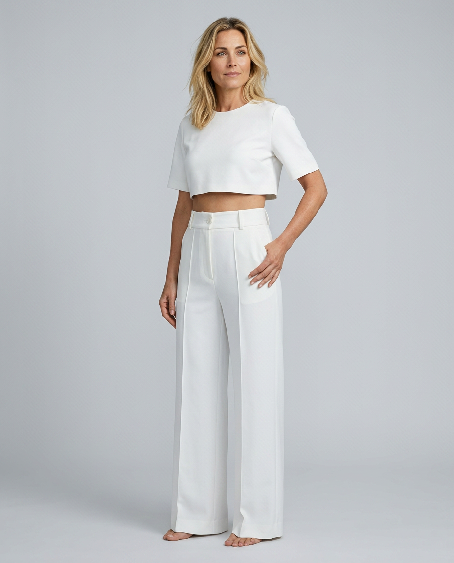White high-waist crop top and wide-leg pants set, side view