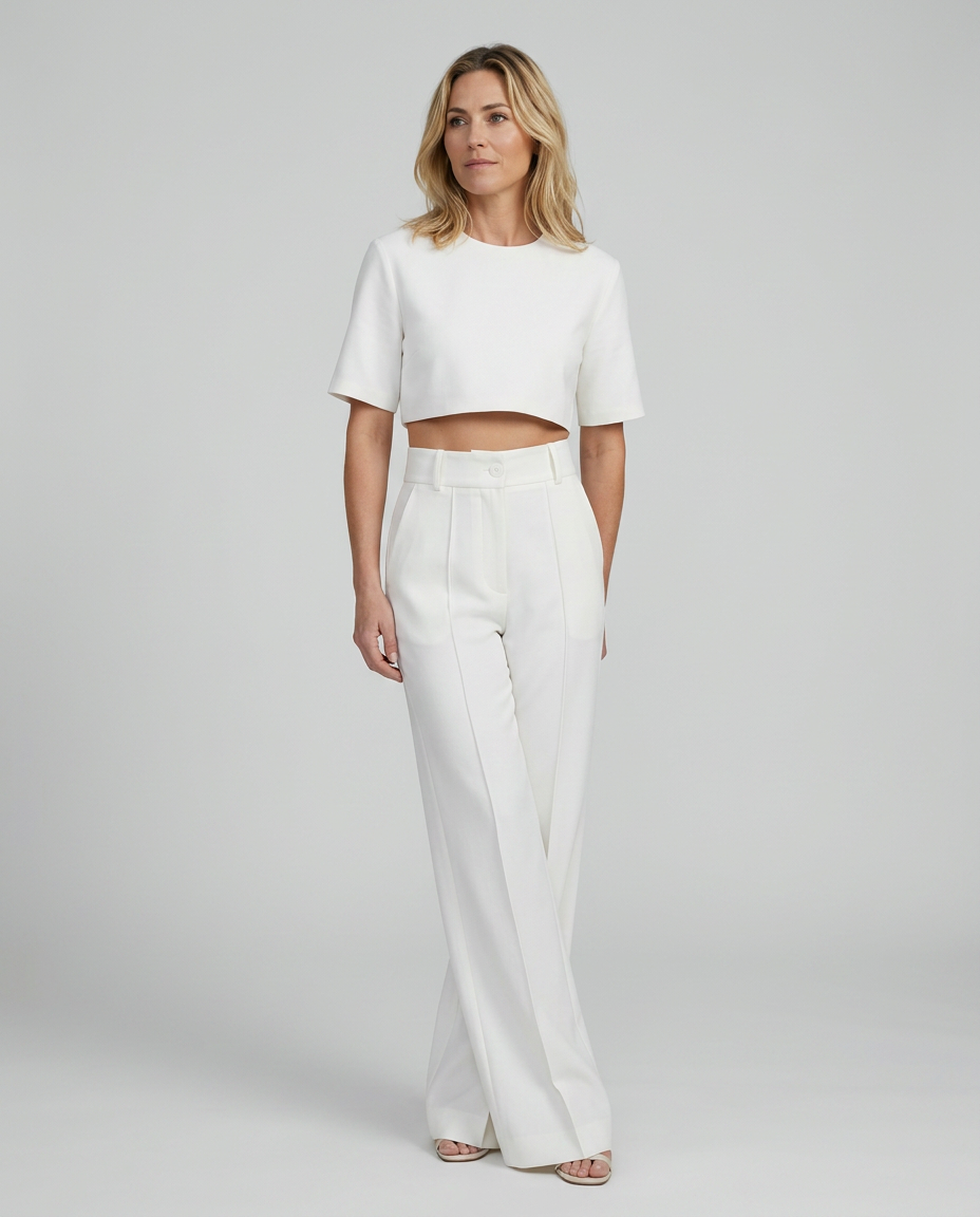 White high-waist crop top and wide-leg pants set, side view