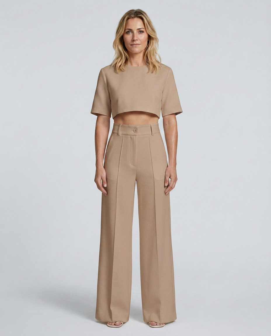 Brown high-waist crop top and wide-leg pants set, front view