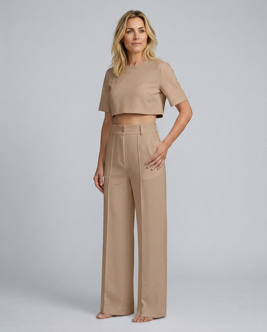 Tan high-waist crop top and wide-leg pants set, side view